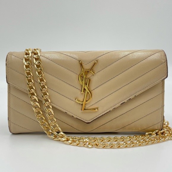 Saint Laurent Handbags - Saint Laurent Chevron Tan Wallet on Chain